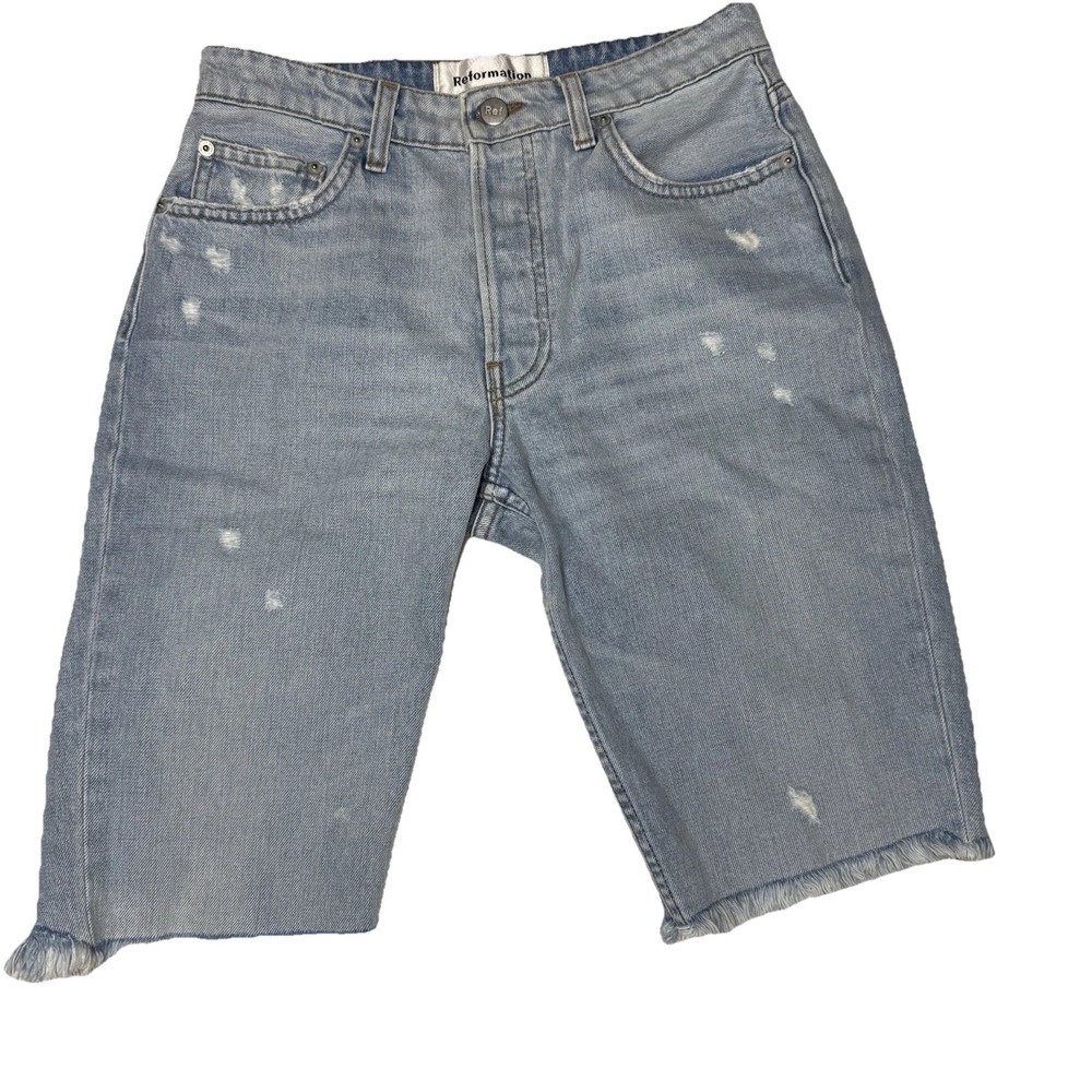 Reformation Mid Rise Bermuda Shorts Skye Blue Distressed Denim Women Size 25